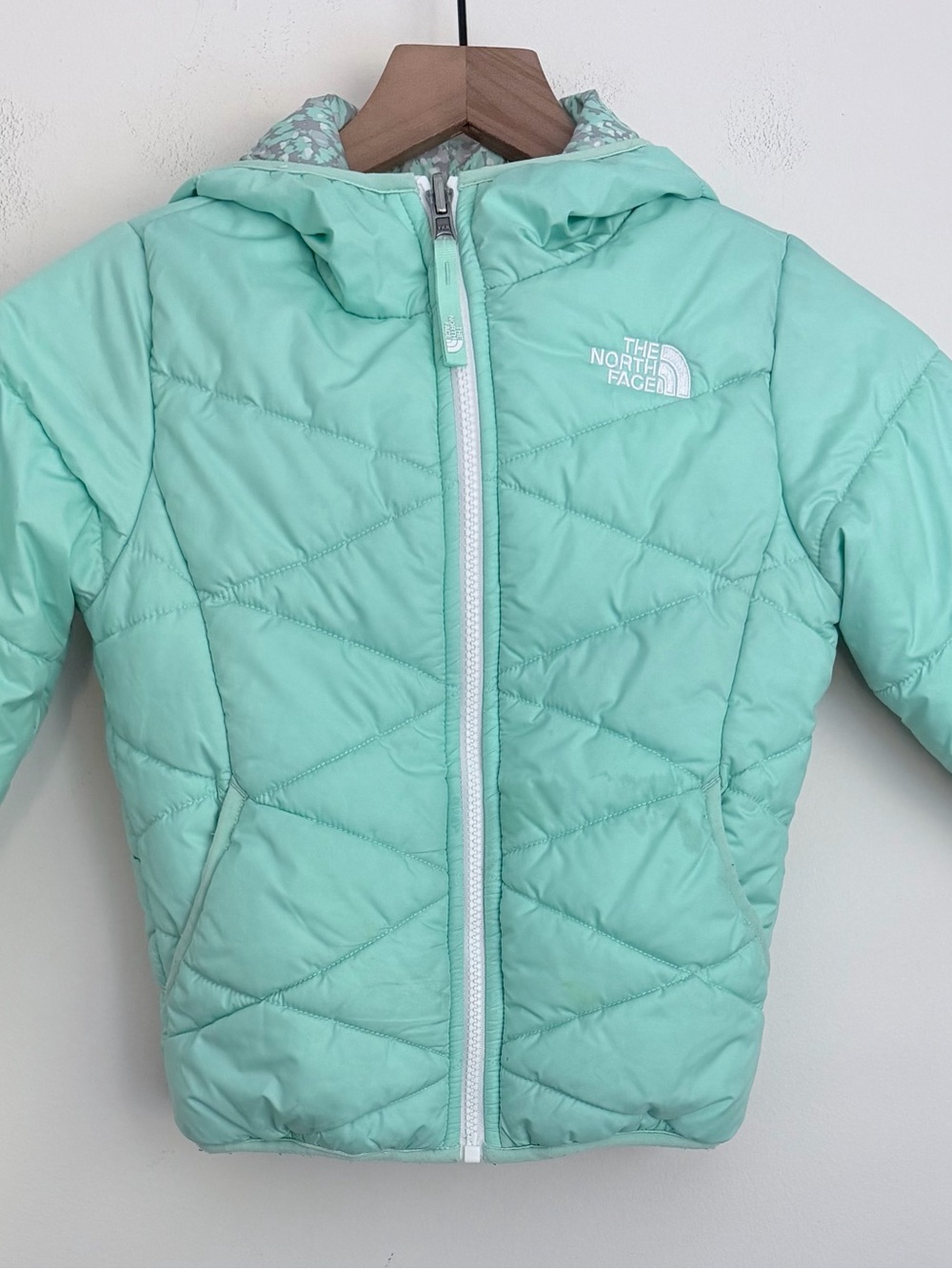The North Face Mint Teal Quilted Girls' puffer Jacket reversible hooded XXS 5